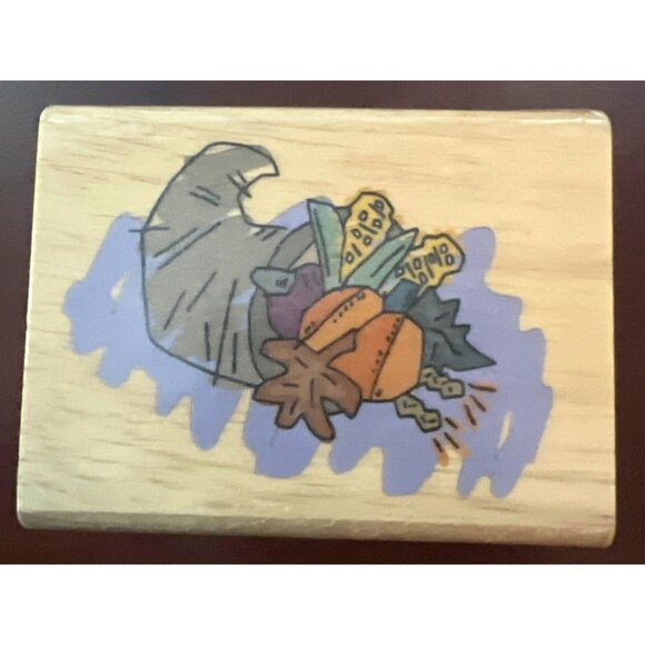 Wooden Rubber Stamp With Cornucopia & Autumn Harvest Design thanksgiving - Picture 1 of 4